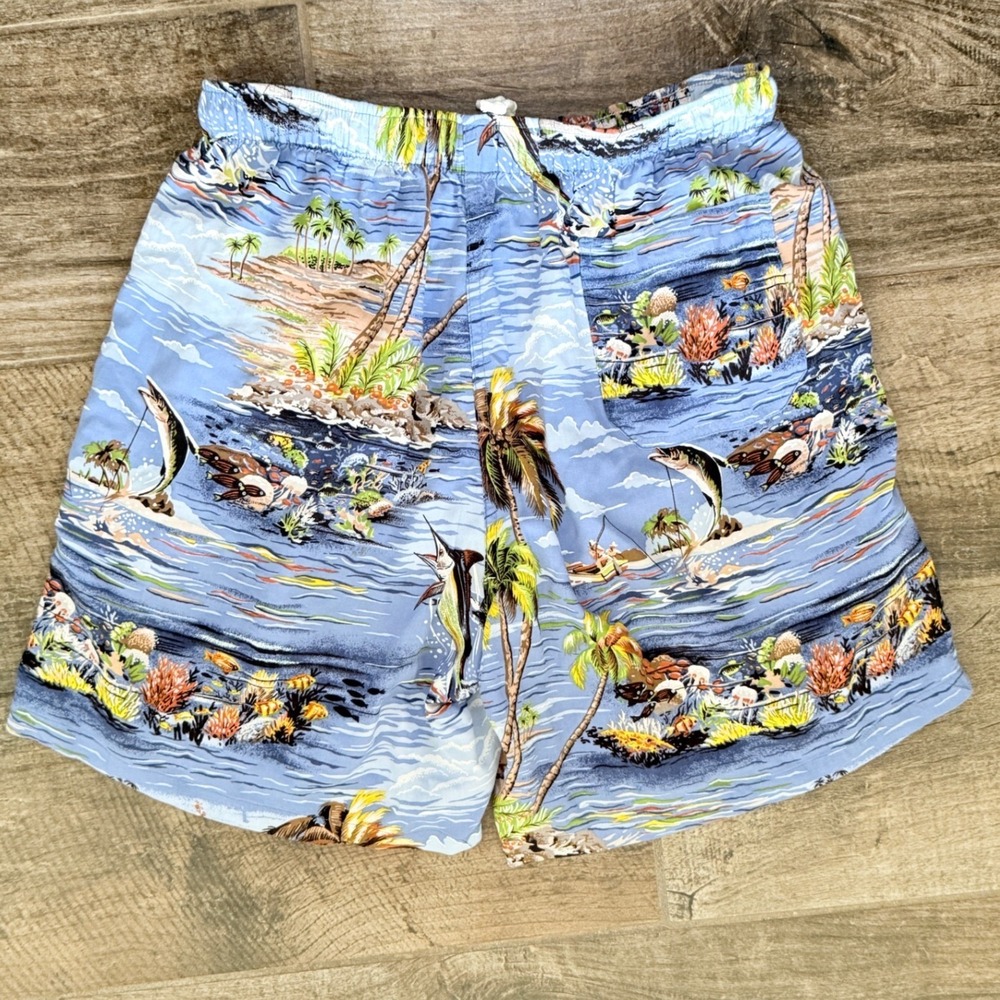 Reyn Spooner VIntage Y2K Hawaiian Fishing Print 7" Swim Board Shorts, Blue, M - Picture 5 of 9